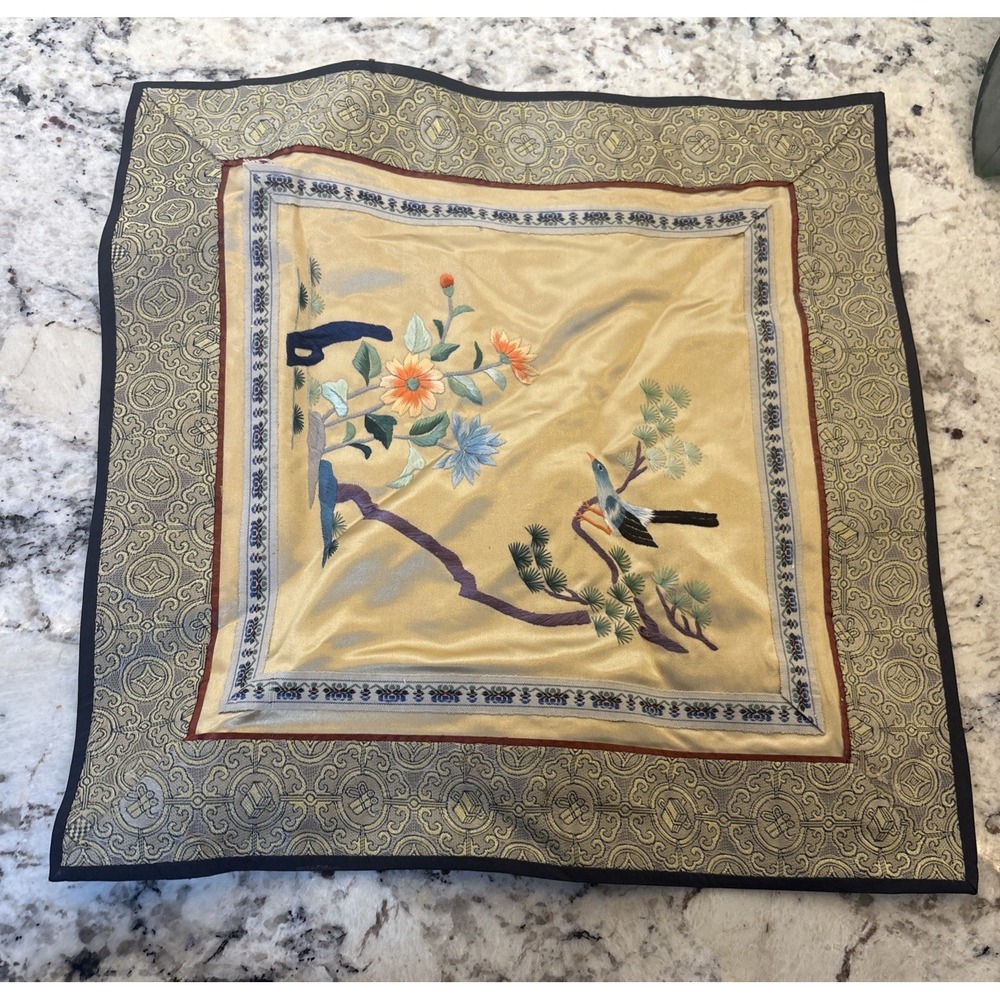 Vintage Chinese‎ Silk Embroidered Textile Bird Tree Flowers Oriental Decor